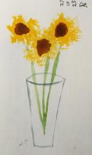 Watercolour of three sunflowers in a glass