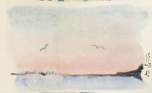 Watercolour Sunrise or Sunset over the ocean with a dark promotory to the right