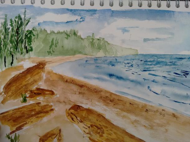 Watercolour of the beach at Deception Pass