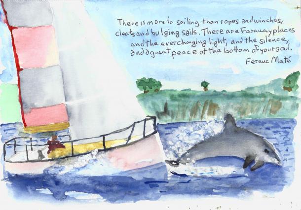 Sailing quote with a leaping dolphin and a sailboat.
