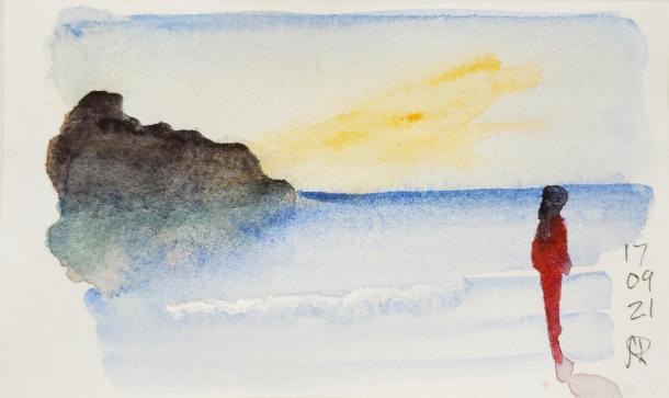 Watercolour of a beach with a person standing watching the sunrise.