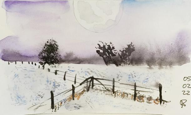 Watercolour moonlit snow with a fence
