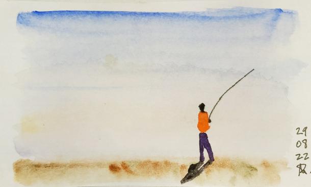 Fisherman Casting from shore - watercolour 