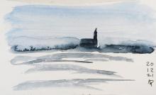 Watercolour of a siluetted church on clear winter day.