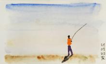 Fisherman Casting from shore - watercolour 