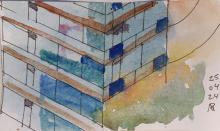 Watercolour image of buildings in downtown Vancouver