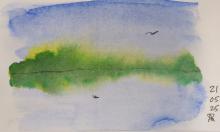 Watercolour of treeline reflected in calm water.
