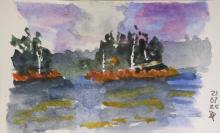 Watercolour of treelined islands reflected in a foreground lake.